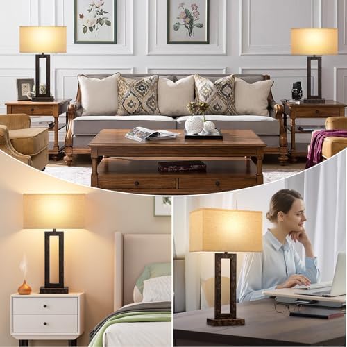 Seealle 22" Tall Living Room Lamps for Night Stands - Touch Bedside Lamp with USB C+A, 3 Way Dimmable Bedroom Lamps for End Tables Set of 2, Modern Night Stand Lamp for Bed Side(Beige&Brown)
