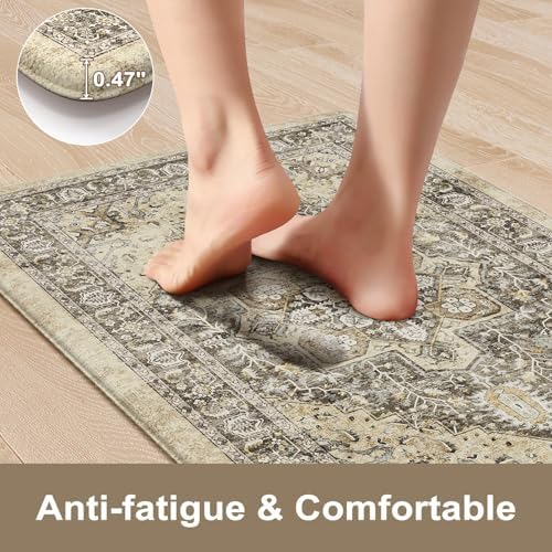 KIMODE Anti Fatigue Kitchen Mat, Boho Distressed Kitchen Rugs Sets of 2