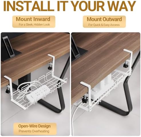 Under Desk Cable Management Tray, 15.7'' Metal Wire Organizer with Clamp, No Drill Desk Cord Rack for Cable Management, Computer Wire Organizer for Office and Home, Sturdy & Scratch-Free