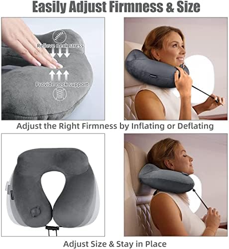 Inflatable Travel Neck Pillow for Airplanes, Super Soft Velvet Neck Support, Adjustable Firmness, Blow Up Plane Pillow for Long Flights, Road Trips, Travel Essentials with Eye Mask, Earplug