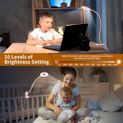 iZELL Desk Lamp, [3 Color Modes & 10 Brightness] LED Reading Light with Clamp, Silicone Flexible Arm Book Light for Kids Reading Book in Bed at Night Clip on Table, Headboard, Dorm - 15.8‘’ Pink