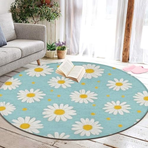 Women's Large Home Decor Mat, Soft Round Yoga Carpet, Non Slip Machine Washable Home Office Circle Rug Daisy Flowers