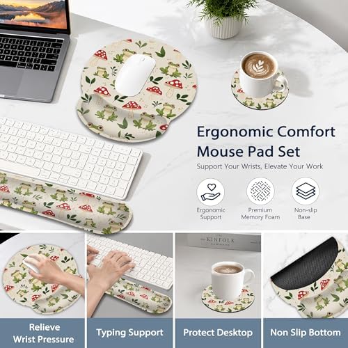 Ergonomic Memory Foam Wrist Rest Set for Keyboard and Mouse,Cute Frog Mushroom Supportive Mouse Pad with Non Slip Base for Office Work and Gaming