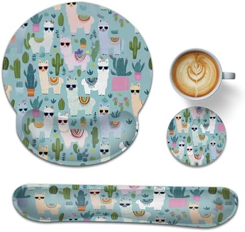 Cute Alpacas Ergonomic Keyboard and Mouse Wrist Rest Set, Cacti Mouse Pad with Non Slip Base, Soft Cloth Surface for Office and Home Typing Support