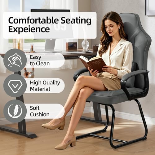 Leather Office Guest Chair No Wheels High Back Computer Reception Chairs with Padded Arms Waist Pillow for Gaming Meeting Conference Waiting Room, Grey