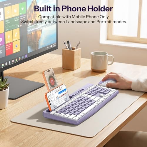 OMOTON Purple Wireless Keyboard and Mouse Combo, Built-in Phone Holder