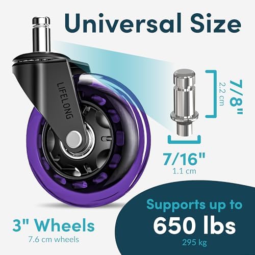 Lifelong Office Chair Wheels Replacement, Heavy Duty, Purple, 5-Pack