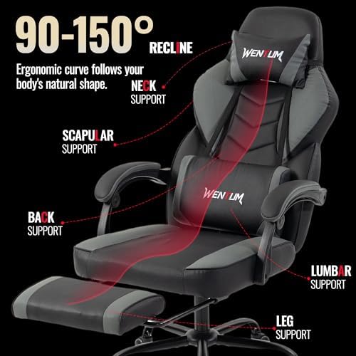 Massage Gaming Chair, Big & Tall with Lumbar Support & Footrest, Grey