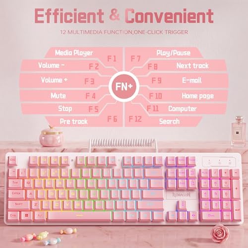 Redragon Updated S107WP Gaming Keyboard and Mouse, RGB Gaming Keyboard and 10000 DPI Mouse Combo with 25-Key Anti-Ghosting, 1K Hz Programmable Mice with Software, Plug & Play to PC, Laptop - Pink