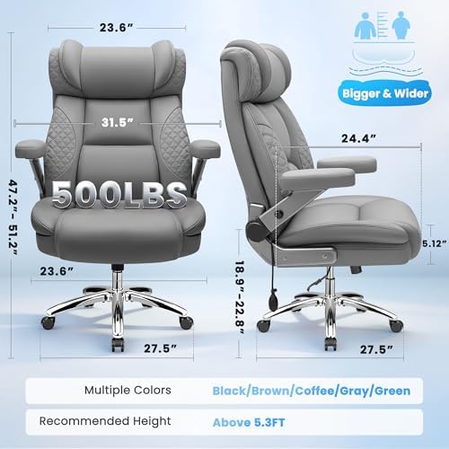 Big and Tall Office Chair for Heavy People, 500LBS Wide Seat Computer Desk Chair, Extra Large Executive Gaming Chair with Adjustable Lumbar Support and 5D Flip Arms, Comfy Heavy Duty Office Chair