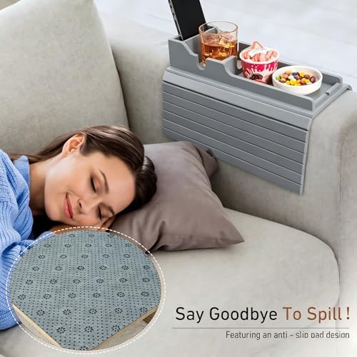 Yoshiky Grey Bamboo Couch Armrest Table, Couch Arm Tray with Removable Couch Cup Holder, 2 in 1 Design Foldable Anti-Slip Bamboo Couch Tray and Sofa Cup Holder for Drink