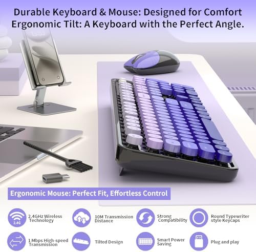 Wireless Keyboard and Mouse, 104 Round Keycaps Retro Typewriter Purple