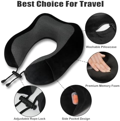 Travel Pillow, Memory Foam Neck Pillow for Traveling, U Shape Neck Pillow Airplane Portable Flight Pillow Travel Kit with 5D Contoured Eye Masks and Earplug for Plane Train Car Home Office