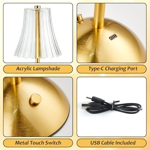 2 Pcs Cordless Table Lamp Rechargeable Touch Lamp, Gold Flower