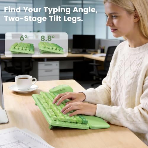 Wireless Keyboard and Mouse Combo, Magnetic Soft-Touch Wrist Rest, Round Keycaps, Full-Size Retro Typewriter Keyboard, 2-Stage Tilt Legs, Auto Sleep, 2.4GHz Cordless for Windows PC (Green Ombre)