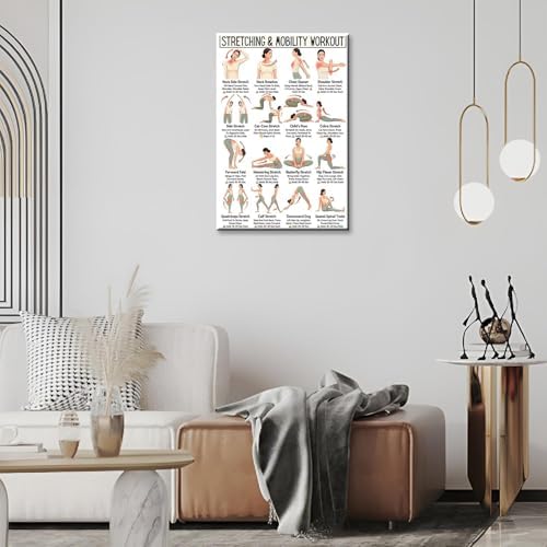 Stretching & Mobility Workout Poster, 16 Illustrated Full-Body Flexibility Training Chart with Hold Time Guides, Bodyweight Neck Hip Shoulder Stretch Reference for Post-Workout Recovery & Daily Mobility Improvement(16x24inchs，Wrapped Framed)