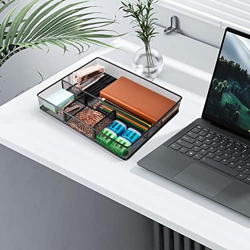 VyGrow Desk Drawer Organizer Tray, Metal Mesh Drawer Organizers Office, 4 Grid with Adjustable Compartment, Desk Organizer Tray for Home Office 12x10.6x1.9 inch Black, 2 Pack