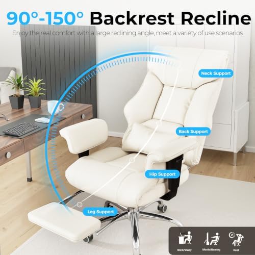 COMHOMA Big and Tall Office Chair,Heavy Duty Gaming Chair with Foot Rest and Wide Pocket Spring Cushion Reclining Height Adjustable for Home Office Work, Comfy Pu Leather Beige