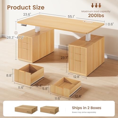SEDETA Electric Standing Desk with 6 Drawers, 55" Adjustable Stand up Desk with Storage, Fluted Computer Desks with Power Outlets for Home Office, Oak