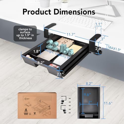 EHO Under Desk Slide-Out Storage Drawer, Small 11.7"x8.2" Pull-Out Organizer with Smooth Sliding Rail, Adjustable C-Clamp Mount, Black Tray for Home Office & Standing Desk
