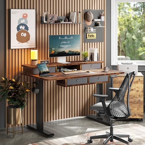 TIQLAB 48 * 28 Inch Standing Desk with Four Drawers, Electric Sit Stand Table, Stand Up Desk Adjustable Height with Storage Shelf, Splice Board, Deep Vintage