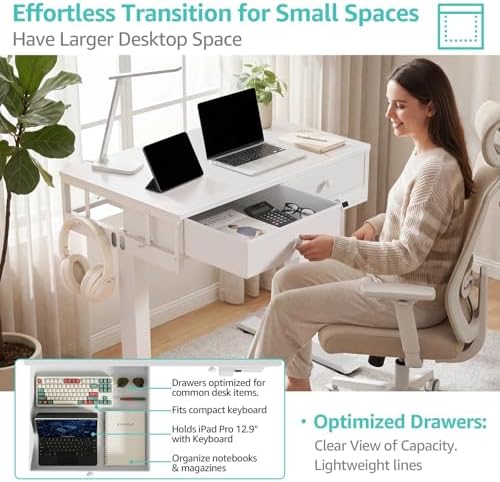 White Electric Standing Desk with Drawers, 32 Inch Small Adjustable Desk with Storage, Stand Up Computer Study Writing Desks for Small Space Home Office Bedroom, Sit Stand Work Desks for Walking Pad