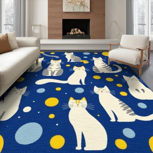 6'x9' Blue Yellow Cat Symphony with Golden Washable Area Rug
