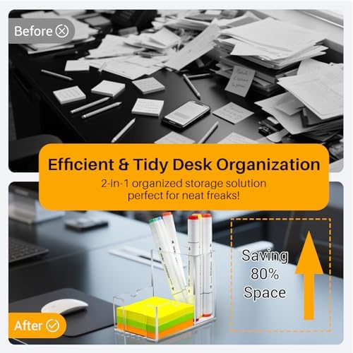 Sticky Note Holder, Crystal Clear Acrylic Pen and Sticky Note Dispenser for 3x3 Inches Note Pads, Simple Phone Stand for Office Home School Dorm Room Desk Organizer(No Pads) (2)