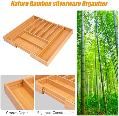 Bellsal Large Premium Bamboo Silverware Organizer - Expandable Utensil Drawer Organizer - 17"x19.6" Utensil Holder and Cutlery Tray with Grooved for Kitchen Flatware and Utensils