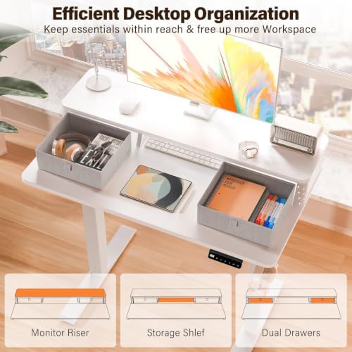 Kingant 40x24 Inch Electric Standing Desk with Dual Drawers, White