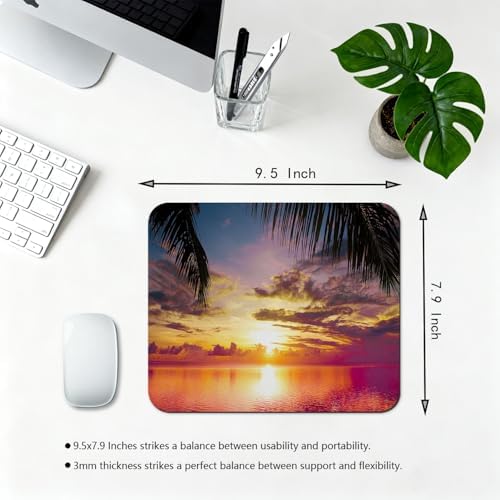 9.5x7.9 Inch Office/Gaming Mouse Pad, Tropical Paradise Serene Beach Sunset Over Ocean Palm Tree, Cute Anti-Slip Mat for Desk Decor