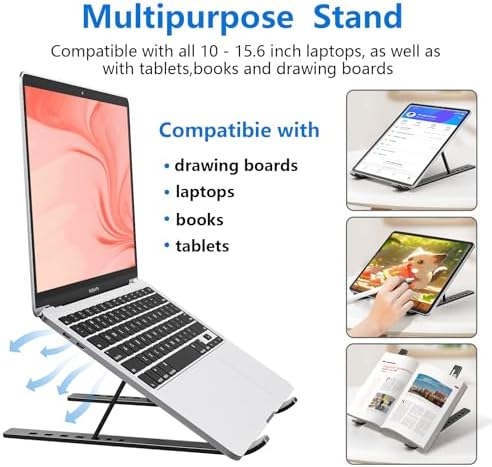 Laptop Stand for Desk, Aluminum Metal MacBook Stand, Computer Riser for Desk, Portable Foldable Adjustable Notebook Holder, Compatible with 10-15.6 Inch Laptops, iPad, Black.