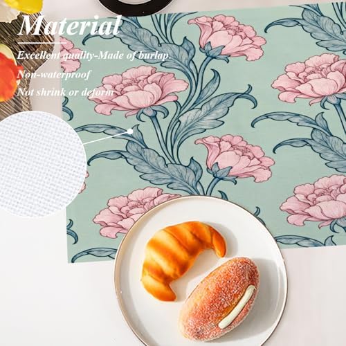Shrahala Bloom Floral Garden Set Of 4 12 X 18 Inch Linen Placemats , Flourish Ornamental Blossom Rose Burlap Table Mat Washable Double Layered Heat Insulation For Indoor/Outdoor