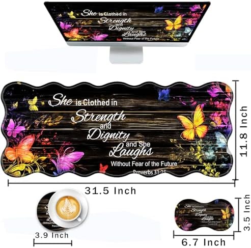 Mouse Pad with Wrist Support + Desk Mat + Coaster 3 in 1 Set, XL Large Gaming Mousepad Ergonomic Mouse Pads for Desk Computer Laptop Office,Floral Butterfly Bible Verse Proverbs 31-25