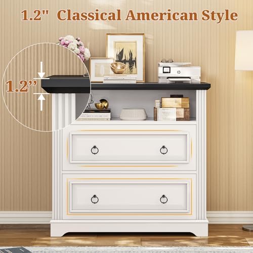 Itaar 2 Drawer File Cabinet, Farmhouse Filing Cabinet for Home Office Fits Letter, Legal, A4 Size, Wood Lateral File Cabinet with Printer Stand, Storage Shelf, White