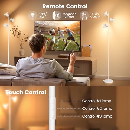 SIBRILLE 36W LED Tree Floor Lamp, Modern Dimmable Standing Lamp with Remote & Touch Control, 4 Color Temperatures, 3 Rotatable LED Light Floor Lamps for Living Room, Bedroom, Office