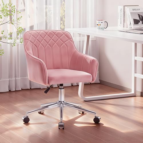 VECELO Modern Velvet Swivel Home Office Desk Chair with Back & Rolling Wheels, Adjustable Seat Height for Girls Women Bed Room Vanity Makeup/Task/Computer Work, Pink