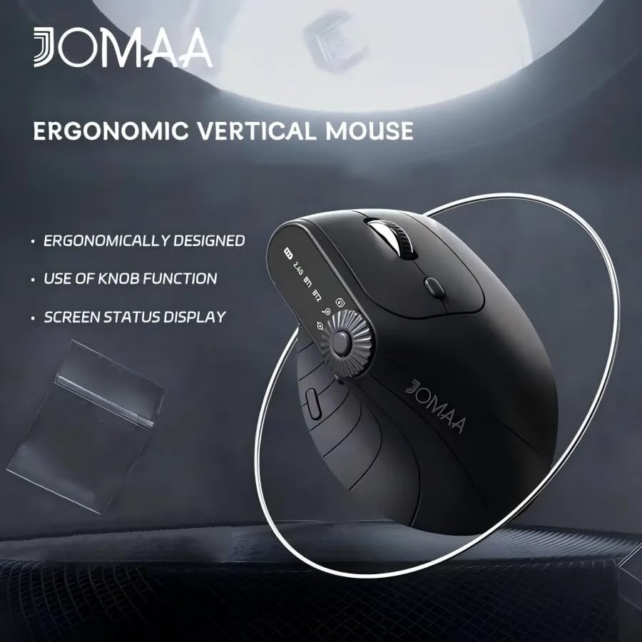 JOMAA Wireless 2.4G & Dual Bluetooth Three-Channel Ergonomic Vertical Mouse Adjustable DPI, Multi-Function Turntable for PC, Laptop, MacBook, Rechargeable (Black)