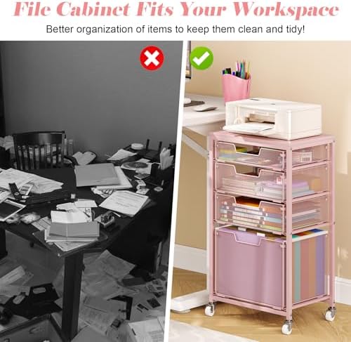 Sbanmao 4 Drawer Rolling File Cart Under Desk Storage, File Cabinets for Home Office, Mobile Filing Cabinet, Hanging File Organizer with Wheels, Utility Cart Printer Stand, Pink