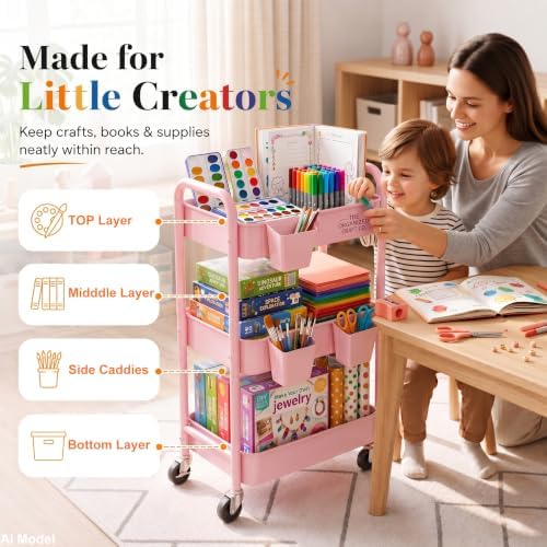 3 Tier Rolling Cart Metal with Lockable Wheels,Pink Baby Diaper Caddy Carts