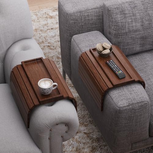 2 Pack Bamboo Folding Sofa Arm Tray with Anti-Slip Pad (Brown)