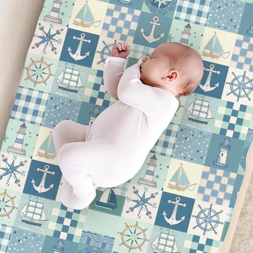 Ocean Boats Sea Lighthouse Checkered Patchwork Baby Changing Pad Cover, Unisex Sailor Nursery Diaper Changing Table Pad Mat Sheet for Boys Girls-16x32