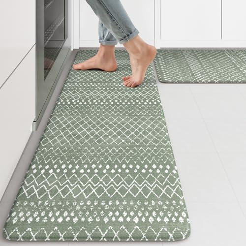 KIMODE Kitchen Mats for Floor Anti Fatigue Green Boho Kitchen Rugs Sets