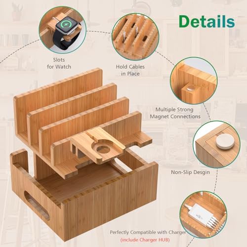 Pezin & Hulin Bamboo Charging Station with USB Charger,5Cables-Natural