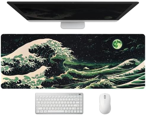 Extended Japanese Great Wave Desk Mat, XL Large Gaming Mouse Pad, Moonlit Ocean Stitched Edges Waterproof with Non-Slip Rubber Base for Computer Keyboard Laptop Work Home Office 31.5"x11.8"