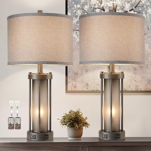 RORIA Set of 2 Rustic Table Lamps for Living Room with 2 USB Ports
