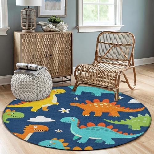 Soft Round Yoga Carpet, Large Home Decor Mat, Non Slip Machine Washable Kitchen Office Circle Rug Dinosaur