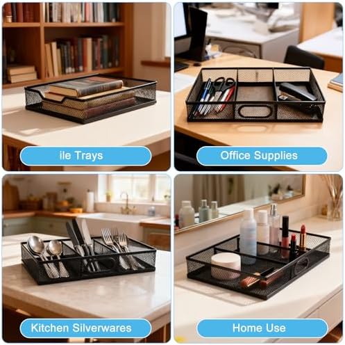 Office Drawer Organizer, 2 Pack Metal Mesh Desk Draw Divider, Versatile Desktop Organizer Tray to Keep Supplies Tidy and Easy to Access, Stackable A4 Paper Holder Tray for School