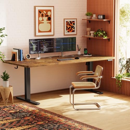 Huuger 71 x 30 Large Electric Standing Desk, Height Adjustable Computer Desk, 29.5" Deep Desktop, Stand up Gaming Office Table with 2 Hooks, 3 Preset Heights, for Home Office, Rustic Brown