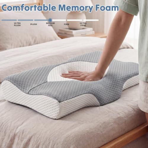 OLIXIS Cervical Pillow, Ergonomic Contour Memory Foam Neck Pillow with Cooling Breathable Cover for Side, Back and Stomach Sleepers, Grey